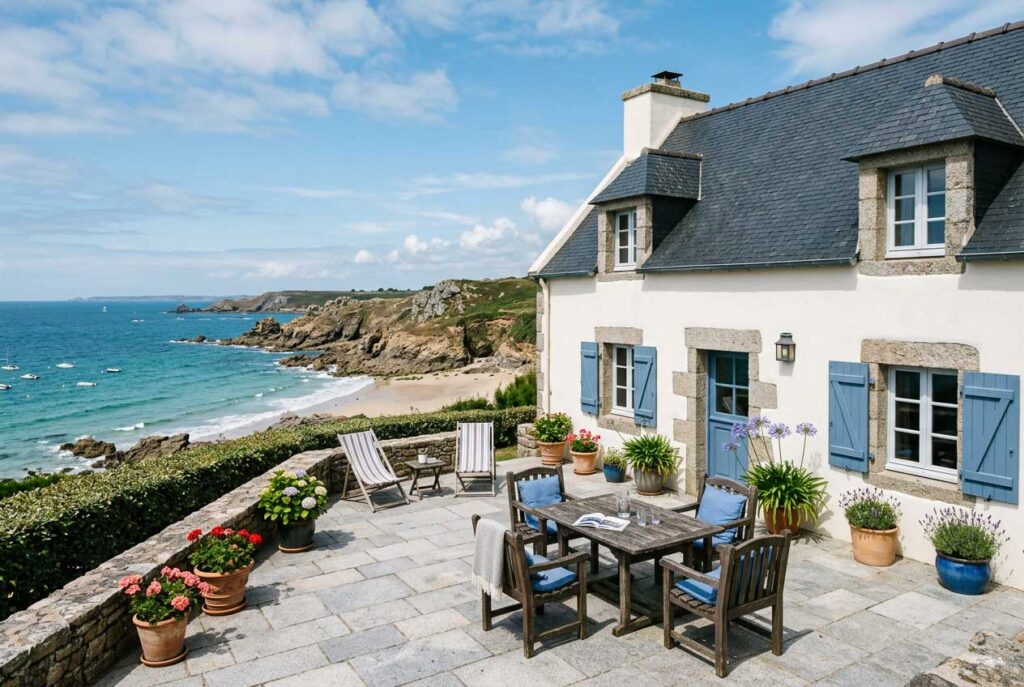 maison traditionnel bord de mer terrasse en granit en Bretagne.
